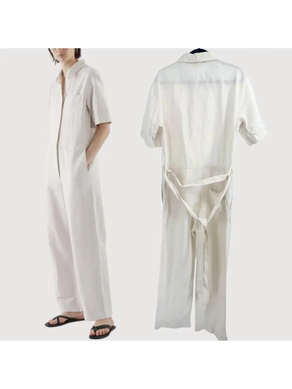 COS Linen Blend Wide Leg Utility Jumpsuit Cream 8